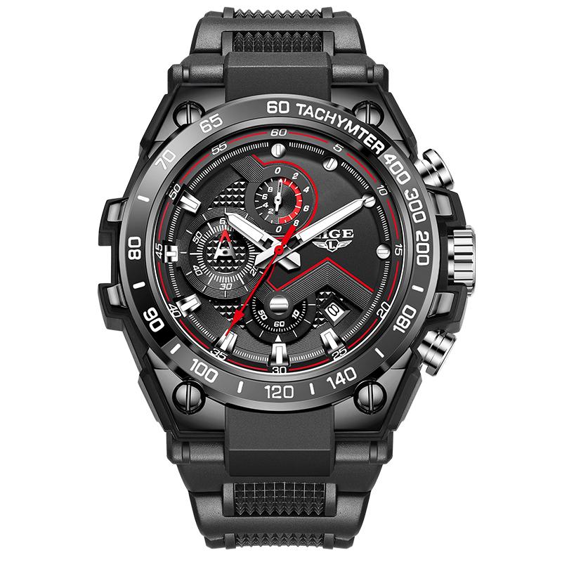 LIGE Sports Men Watch Racing Chronograph Men's Watches Waterproof Luminous Date Watches for Man Silicone Tachymeter Wristwatches