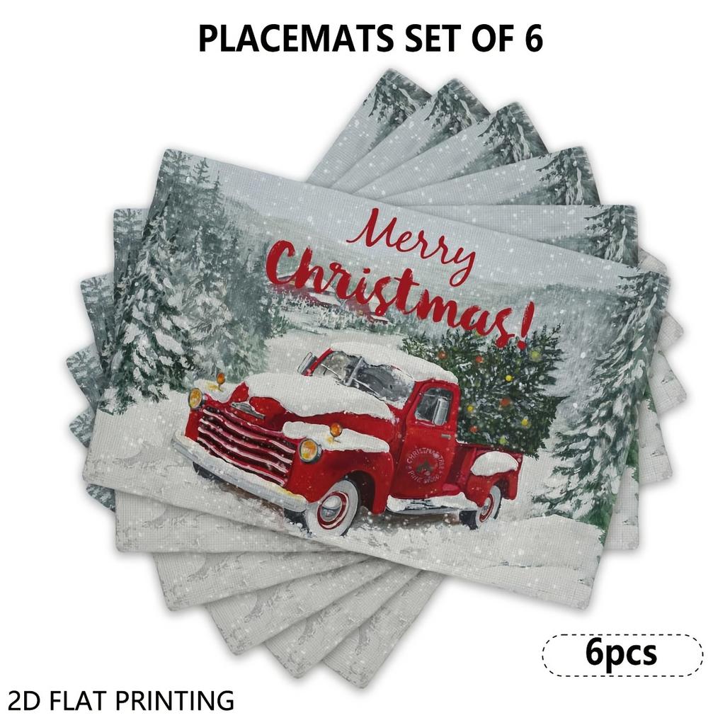 4pcs/6pcs Vintage Red Truck Christmas Table Mats Suitable for Dining, Placemats with Red Truck for Xmas Decor, Hand Washable Rectangular Holiday Weddi