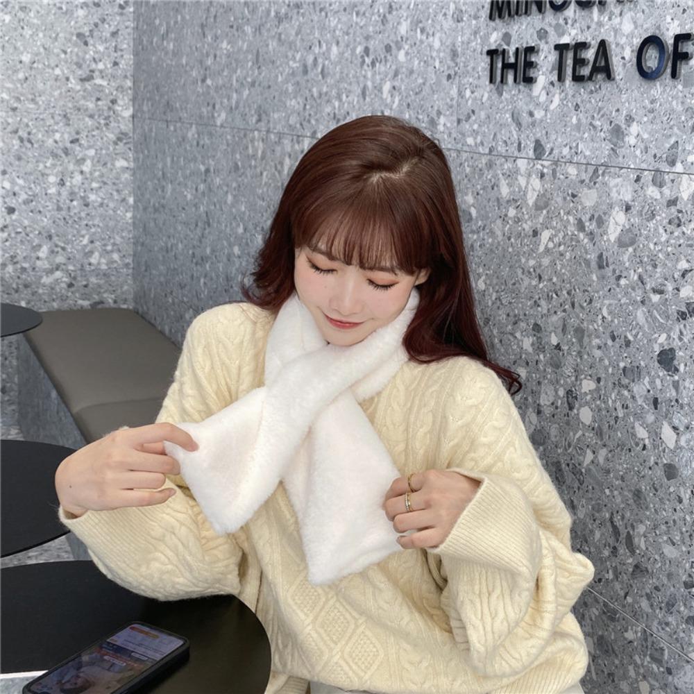 Female Neckerchief Wrap Winter Girl Solid Color Warm Scarf Plush Scarf Neck Warmer Cross Scarf