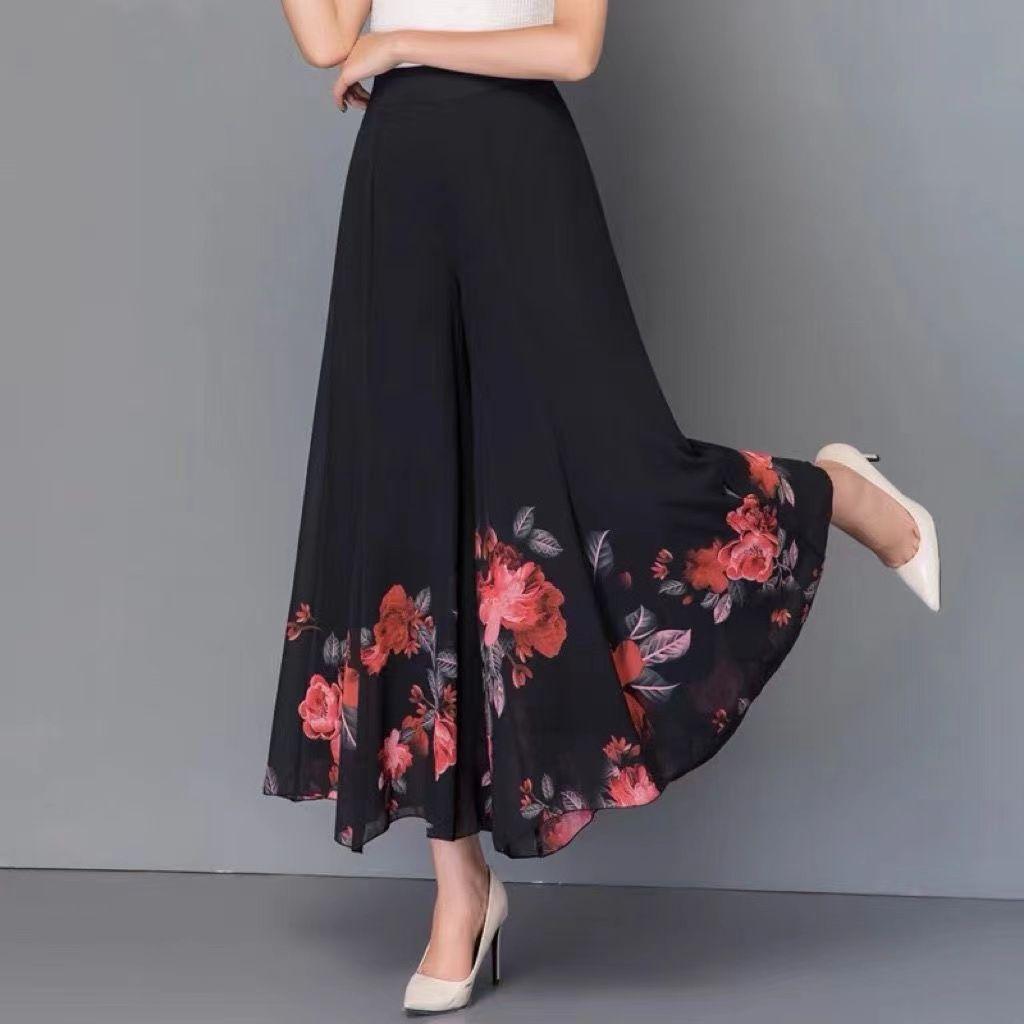 Sommer Herbst Übergroße Blumenprint Patchwork Chiffon Weite Hosen Damen Hoher Bund Locker Lässig All-Match Neunte Hosen