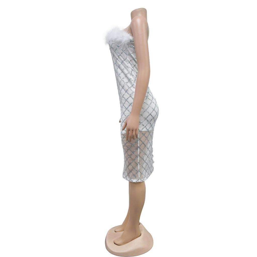 Europe America Fashion Women's Sexy Strapless Sequin Feather Bandage Dress