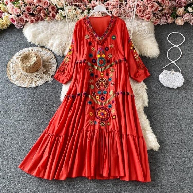 Vintage Printed Loose Dress for Woman V Neck Oversized Long Sleeve Casual Lace Dresses Long