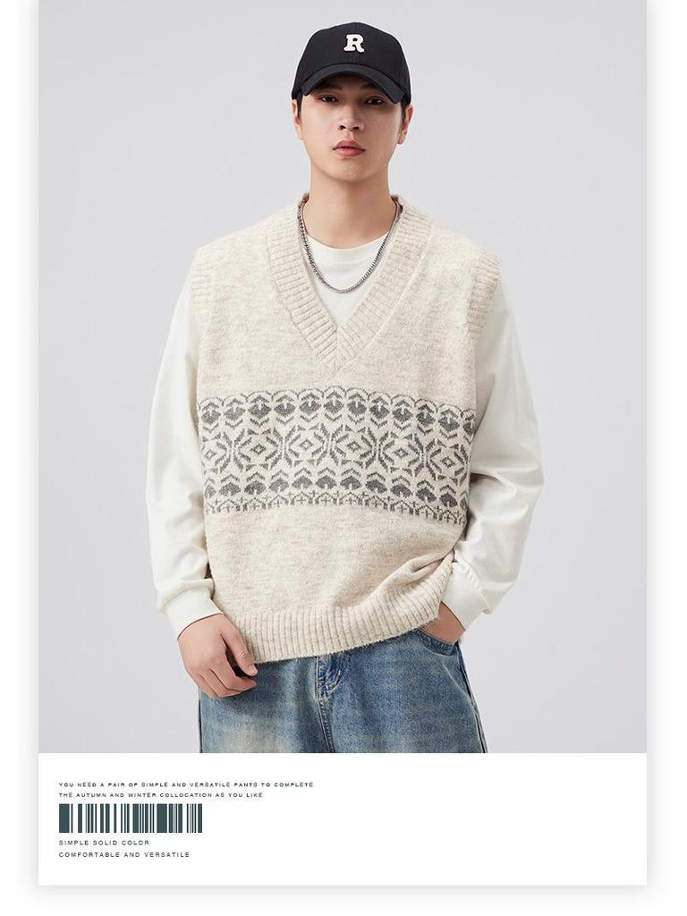 Men's Retro Argyle Fair Isle Knit V-neck Sweater Vest for Autumn/Winter