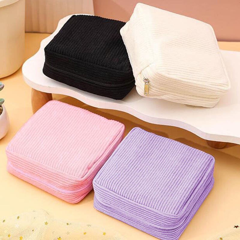 Women Portable Mini Corduroy Sanitary Napkins Storage Bag Travel Solid Color Cosmetic Toiletry Pouch with Zipper