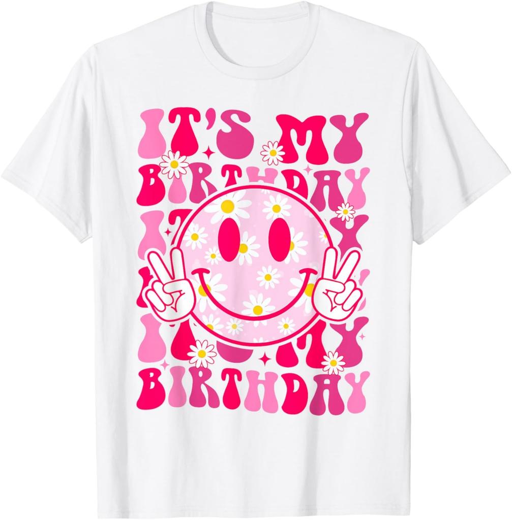 Groovy It's My Birthday Women Teens Girls Preppy Smile Face T-Shirt