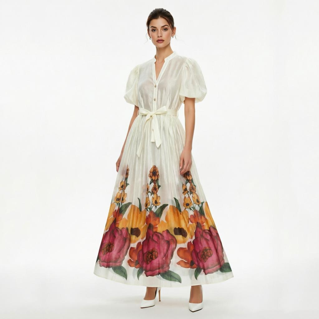 French Vintage Flower Maxi Dress Women Puff Sleeve V-Neck Elegant Floral Print High Waist Sashes A-Line Summer Beach Long Maxi Dresses