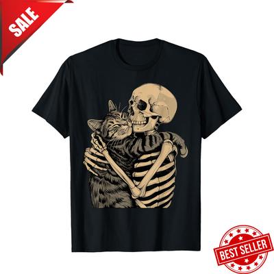 !! Skelet Knuffelende Kat Halloween Kattenliefhebber Schattig Cadeau Unisex T-shirt Unisex T-shirt