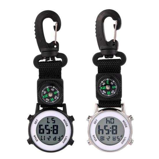 Orologio da tasca Multifunzione Movimento al quarzo Resistente all'acqua Display digitale Bussola accurata Quadrante rotondo Sport Escursionismo Moschettone Orologio da tasca