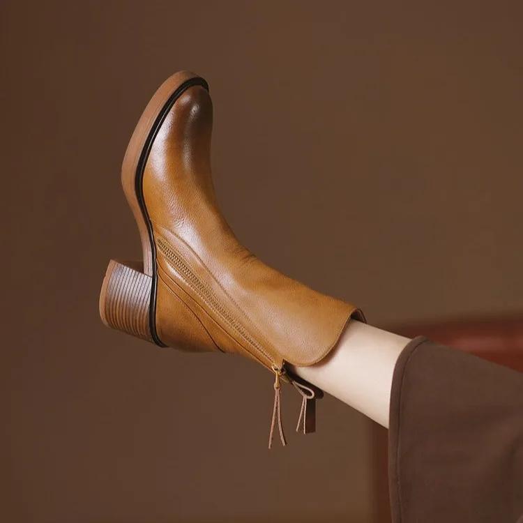 Fashion Woman Mid Calf Boots Women Zipper Chunky Heels Female Footwear Ladies Leather Short Boots Fashion Women's Shoes Botas De Mujer