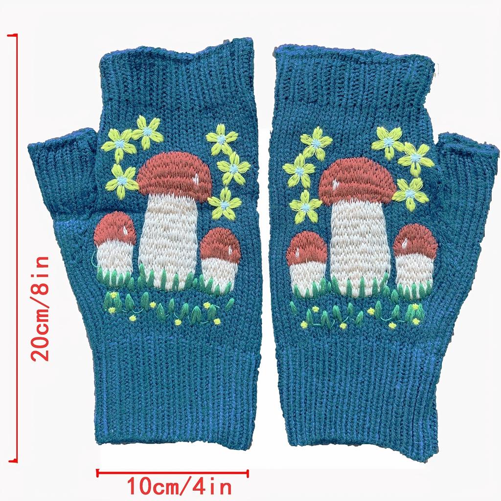 Mushroom Gloves, Winter Warm Half-Finger Fingerless Women's Cold-Proof Mittens Long Warm Women's Knitted Mushroom Gloves