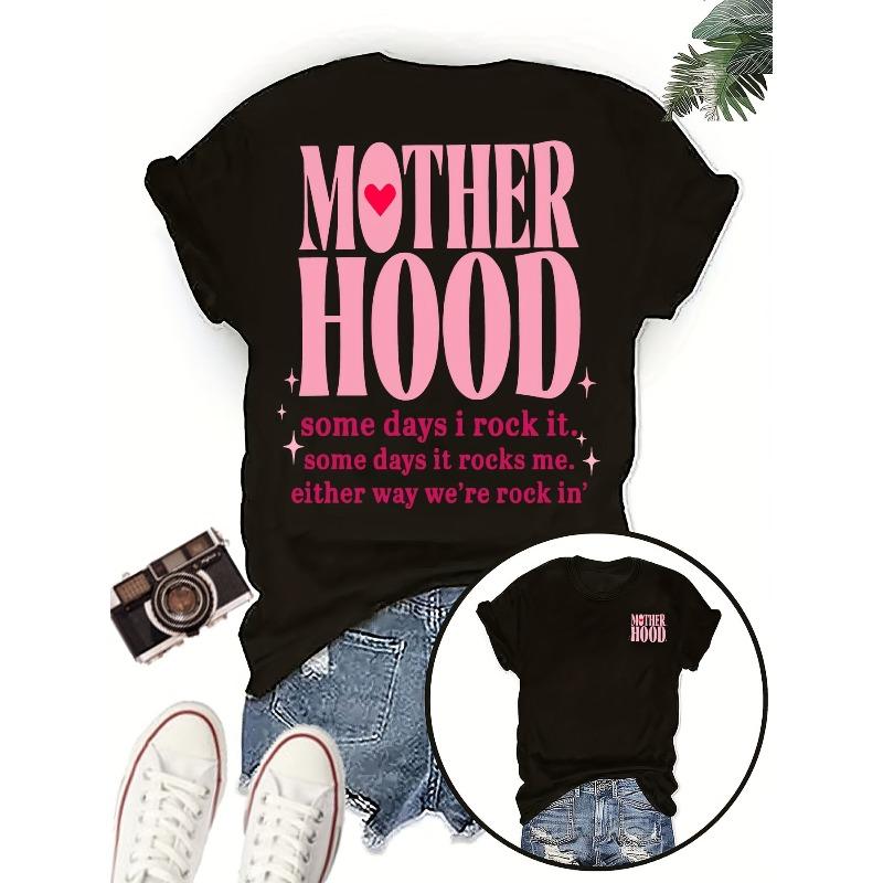 Womens Mothers Day Mother Hood Letter Print Crew Neck Short Sleeve Casual T Shirt Spring Summer Top