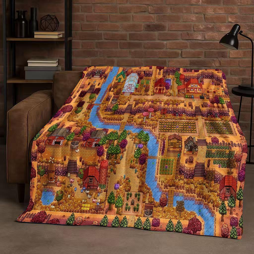 3D Retro Stardew Valley Farm Map Pixel Game Flannel Blanket,Ultra Soft Warm Plush Throw for Home Bedroom Bed Sofa Cover Kid Gift