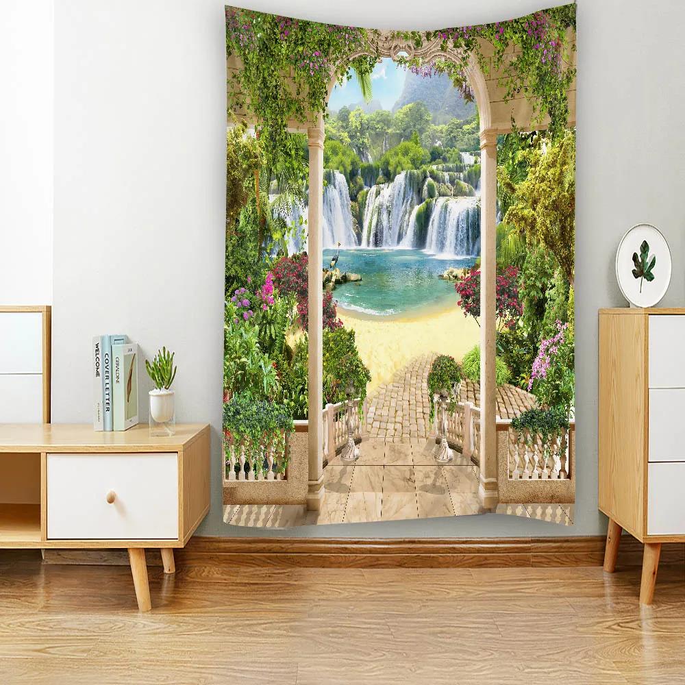 Home Decoration Tapestry Wall-Mounted Retro Landscape Printed Fabric Background Cloth Bohemian Aesthetic Room Decoration