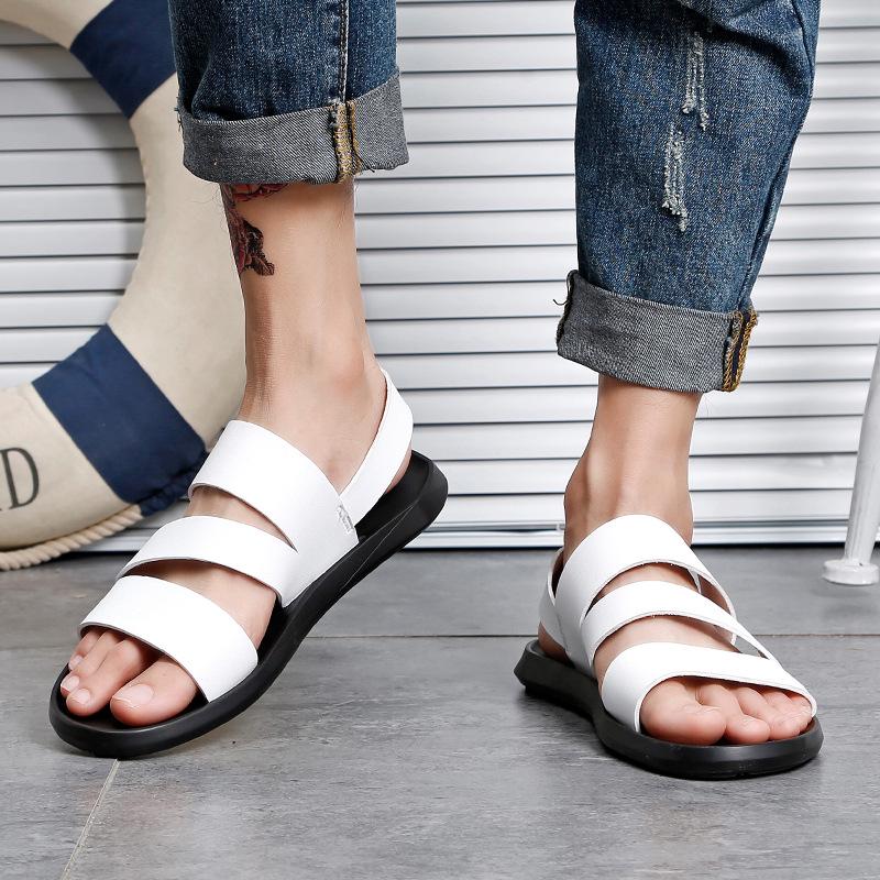 2024 Men's White Leather Open Toe Sandals: Trendy, Breathable, Non-Slip, Rivet Design, Summer Youth Style