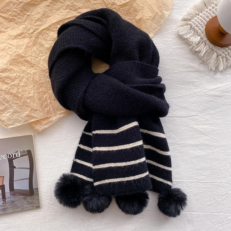 Cute Big Hairball Knitted Scarf Women's New Winter Model with Wool Thickened Contrasting Stripes Wool Warm Scarf