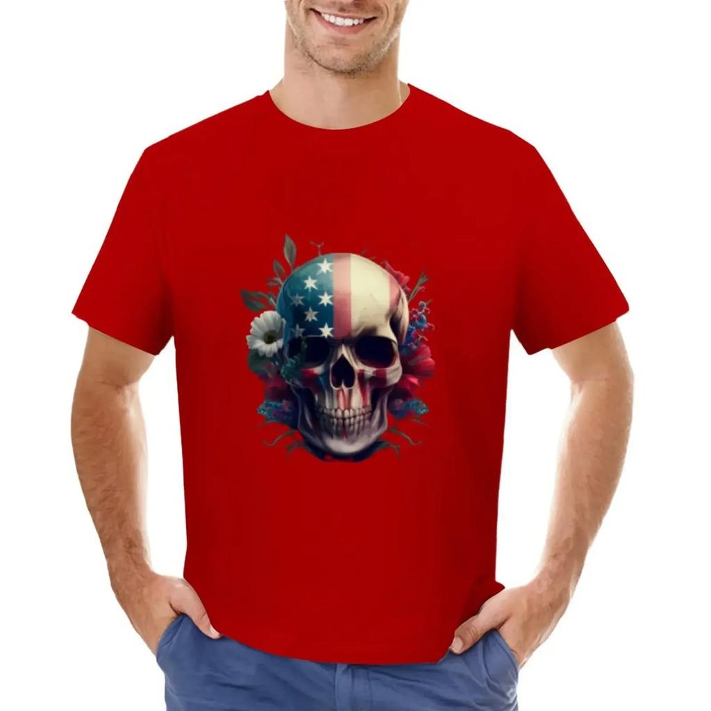 American Flag Skull T-shirt Hippie Clothes Summer Tops Black T-shirts for Men