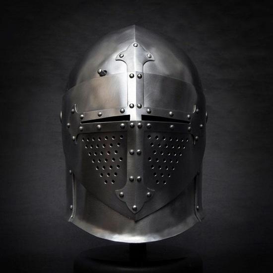 Sugarloaf Helmet with Stand 14th Century Crusader Knight Armor Medieval Visored Helmet with Steel Cross LARP SCA Reenactment Gift