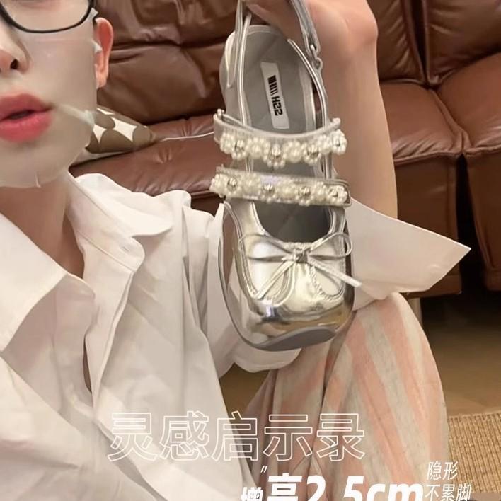 Spot Version~ Bow Rhinestone Ballet Shoes Square Head Mary Jane Shoes with Cheongsam Skirt Flat Sandals Pearl