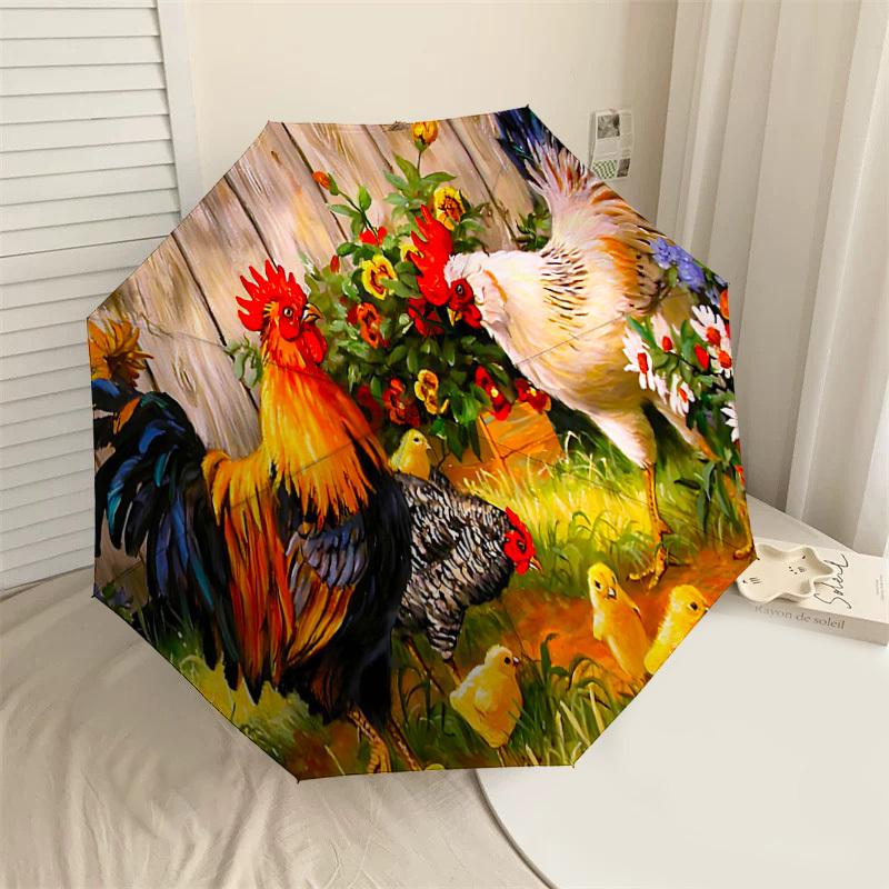 

1PC Roosters Flowers Umbrella-8-Rib Reinforced, Automatic Open, Lightweight & Durable, Fashion Accessory for Outdoor-L0357