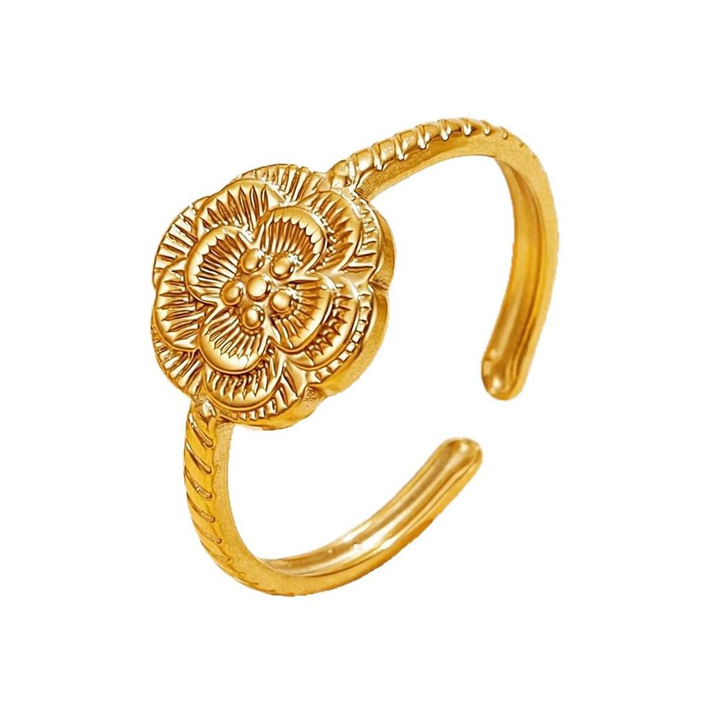 Stainless Steel Cute Rose Flower Open Ring with 3D Carved Design
