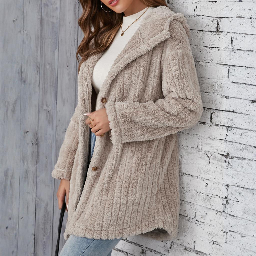 Women's Fashion Casual Warm Thick Plush Striped Embossed Button Hooded Cardigan Jacket
