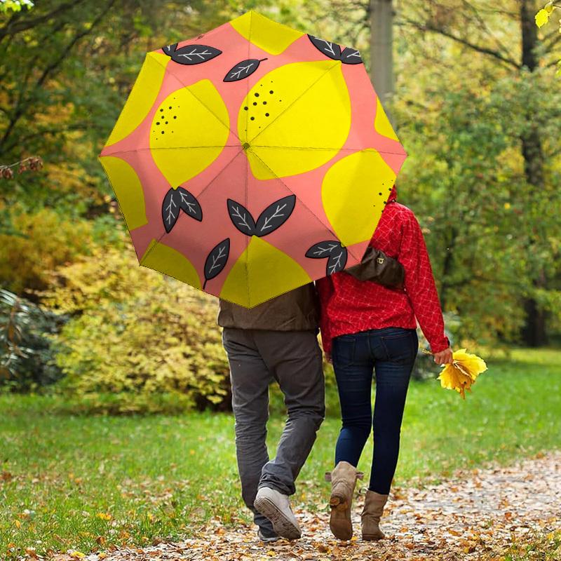 1pc Lemon Pink Automatic Folding Umbrella, Heavy Duty 8 Rib Iron Frame,  Suitable for Travel, Daily Use, Birthday, Decor Gift M0105100