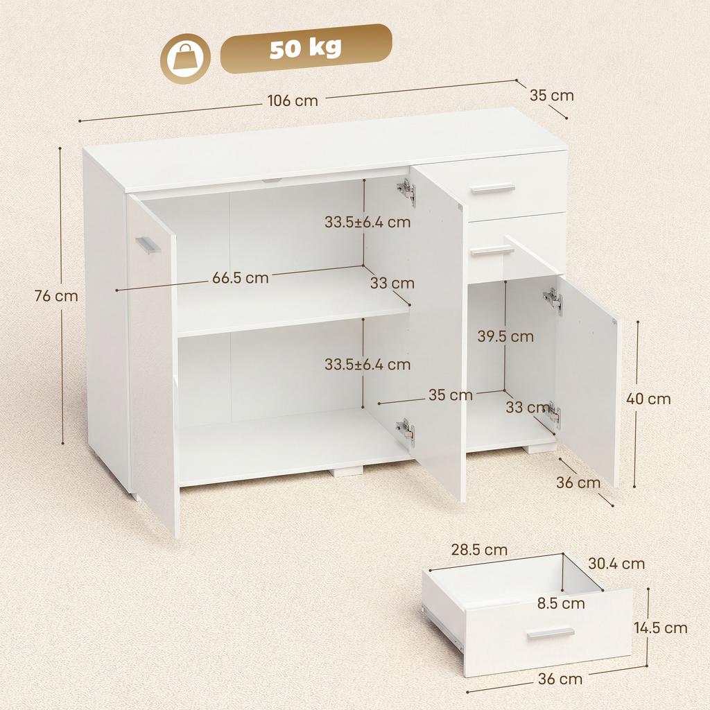 Sideboard, Modern Storage Cabinet with 2 Drawers, 3 Doors and Adjustable Shelves, High Gloss White