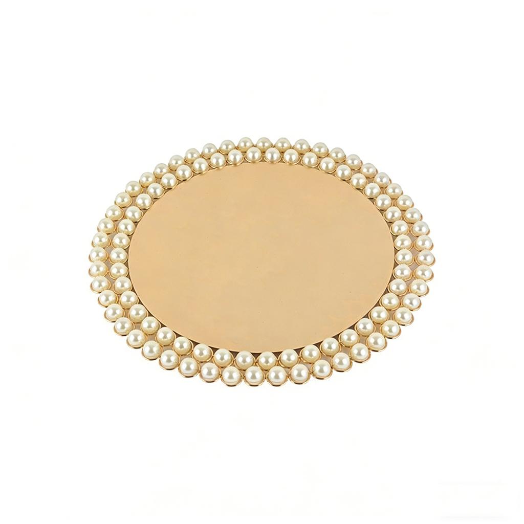 Round Pearl Beaded Dinner Plate Golden Metal Edge Storage Tray Used for Wedding Party Cake Dessert Decoration Storage Tray