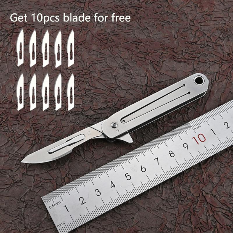 EDC 23 # Stainless Steel Scalpel Pocket Folding Emergency Lockable Key Chain 10 Blades Free for Medical Surgery