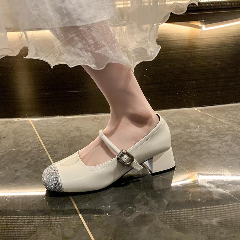 2025 New Bling Fashion Women Mary Jane Shoes Elegant Thick Heel Dress Single Shoes Ladies Concise  Pumps