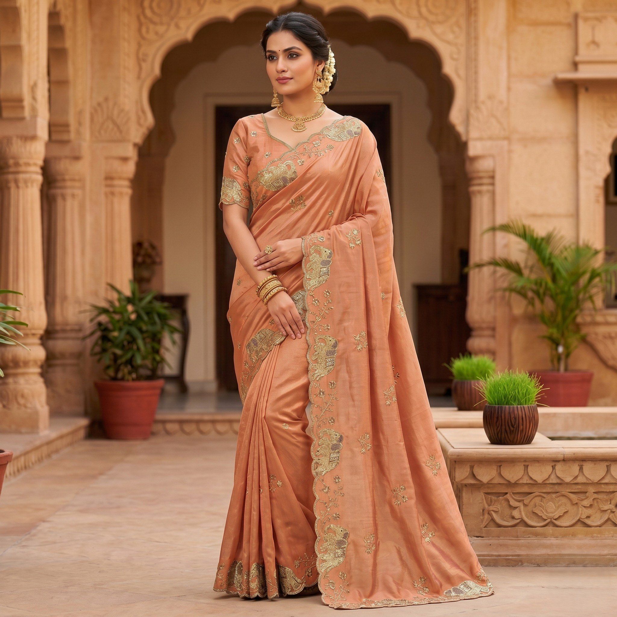 New Launch Party Wear Soft Space Silk Elephant Design Saree