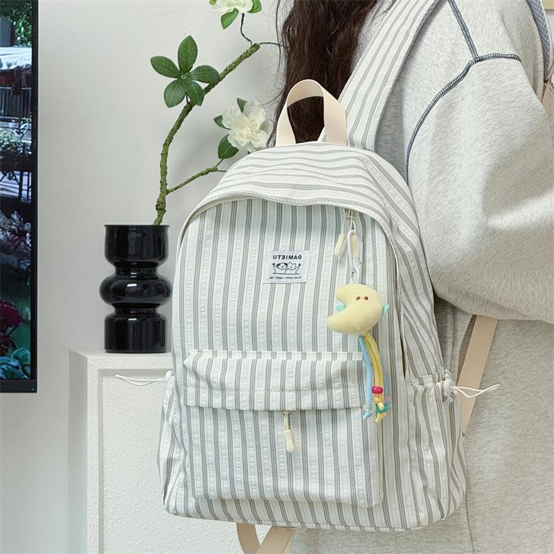 Schoolbag Korean simple solid color striped computer bag backpack college student high school campus large capacity striped commuter schoolbag