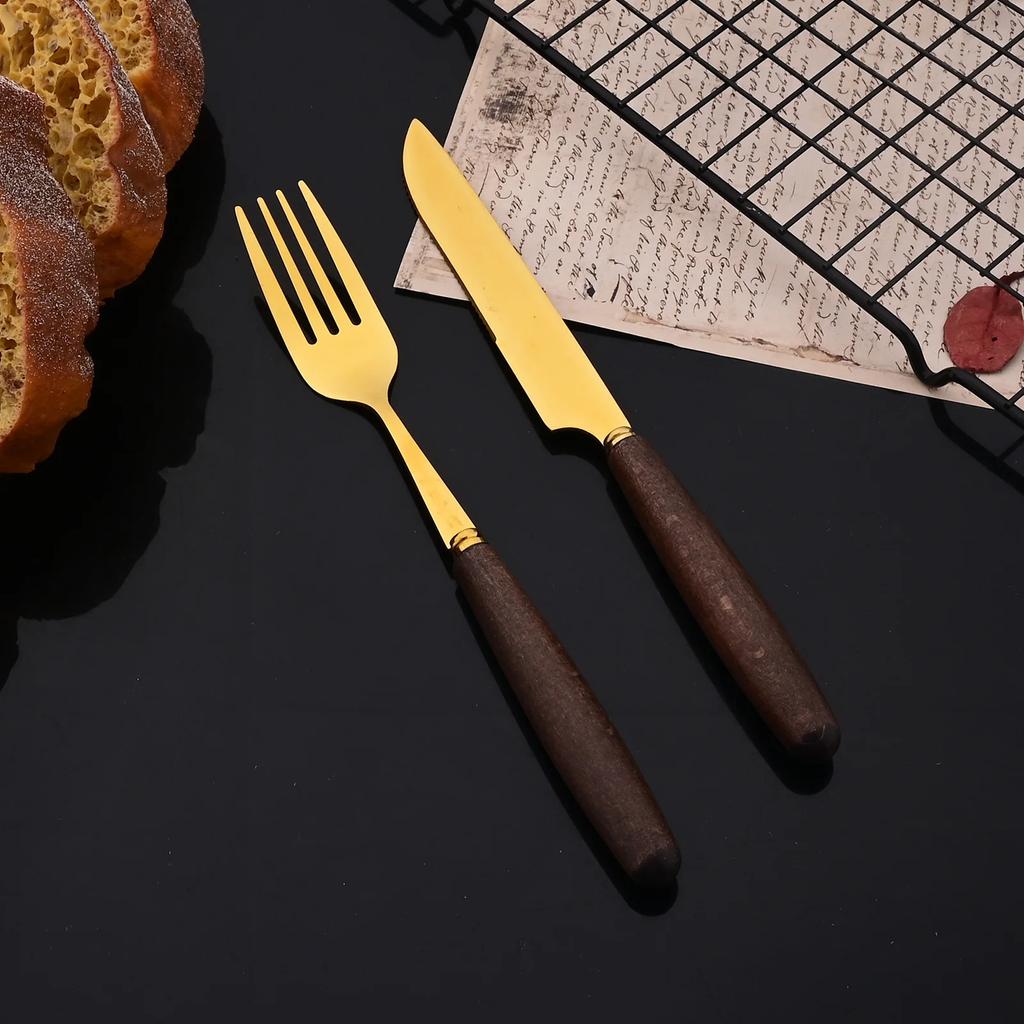 6People Stainless Steel Dinner Gold Imitation Wooden Handle Dinnerware Knife Coffee Spoon Fork Cutlery Set Tableware Silverware
