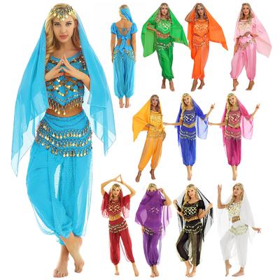 Vrouwen Buikdans Outfit Halloween Carnaval Kostuum Korte Pofmouw Pailletten Crop Top met Harem Broek Heup Sjaal Hoofddoek