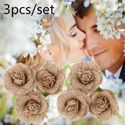3 peças/conjunto de flores de juta natural de juta artesanal rosa de serapilheira decoração de casamento vintage