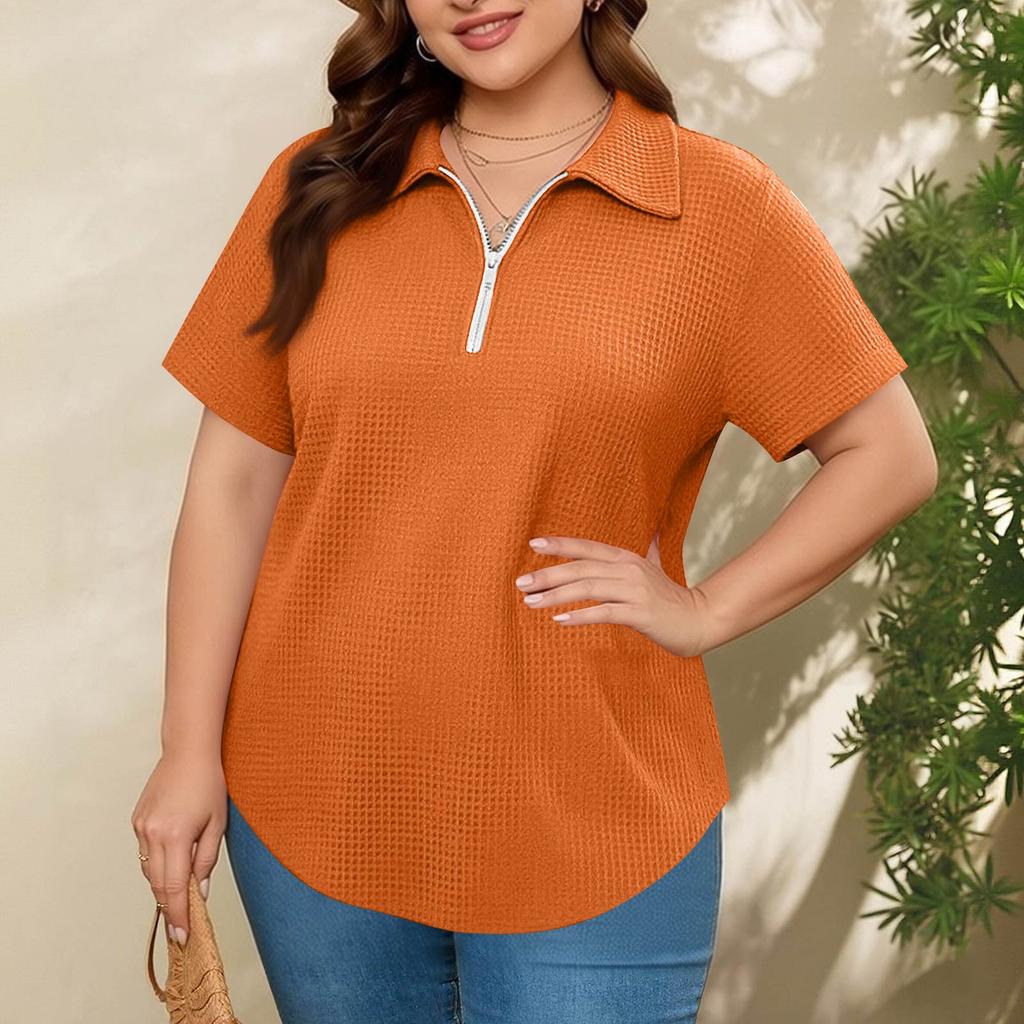 Women's Fashionable Casual Loose Fit Zipper Short-Sleeve Top