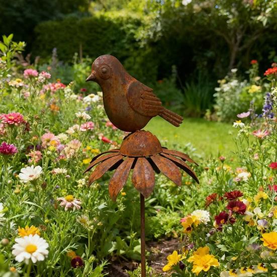 Rusty Garden Decorative Stakes, Metal Flowers Birds Decoration, Rusty Metal Daisy Bird Stake, Plant Container Decorations for Indoor Outdoor Backyard