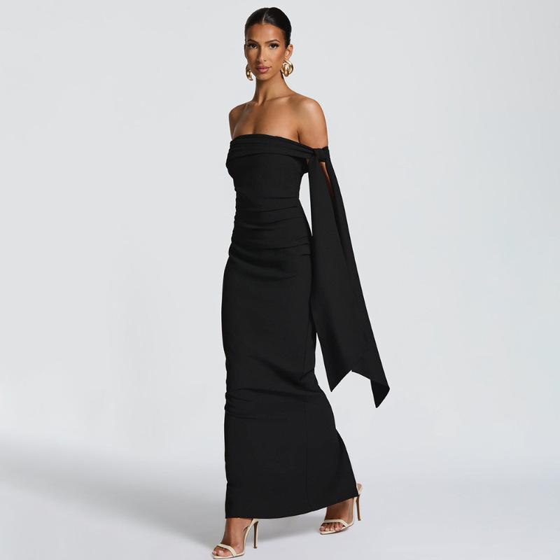 

European and American fashion new sexy tube top dress slim-fitting solid color streamer backless hip-wrapped women s long dress L чорний
