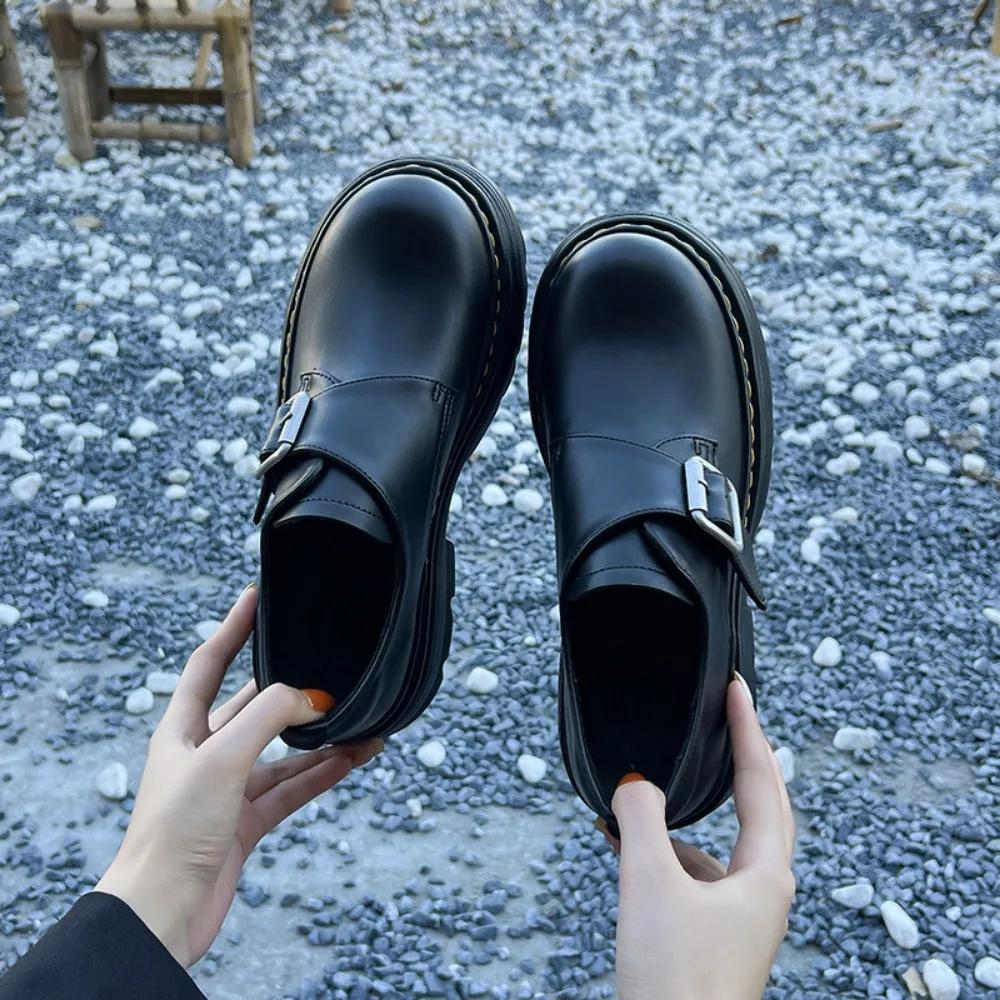 Buckle Platform Loafers Women's Shoes New Versatile British Style Small Leather Shoes Women Metal Belt Fastener Platform Shoes