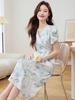 Vintage French Floral Puff Sleeve V-Neck A-Line Dress - Slim Fit Waist-Cinching Summer Long Skirt