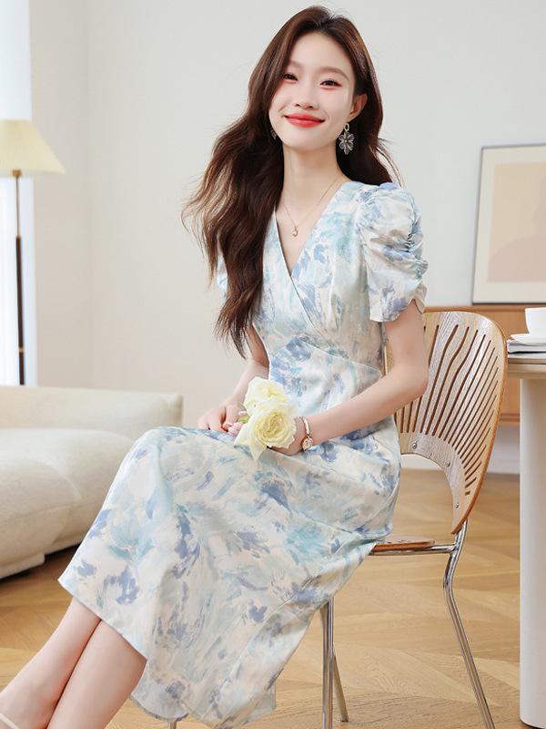 Vintage French Floral Puff Sleeve V-Neck A-Line Dress - Slim Fit Waist-Cinching Summer Long Skirt