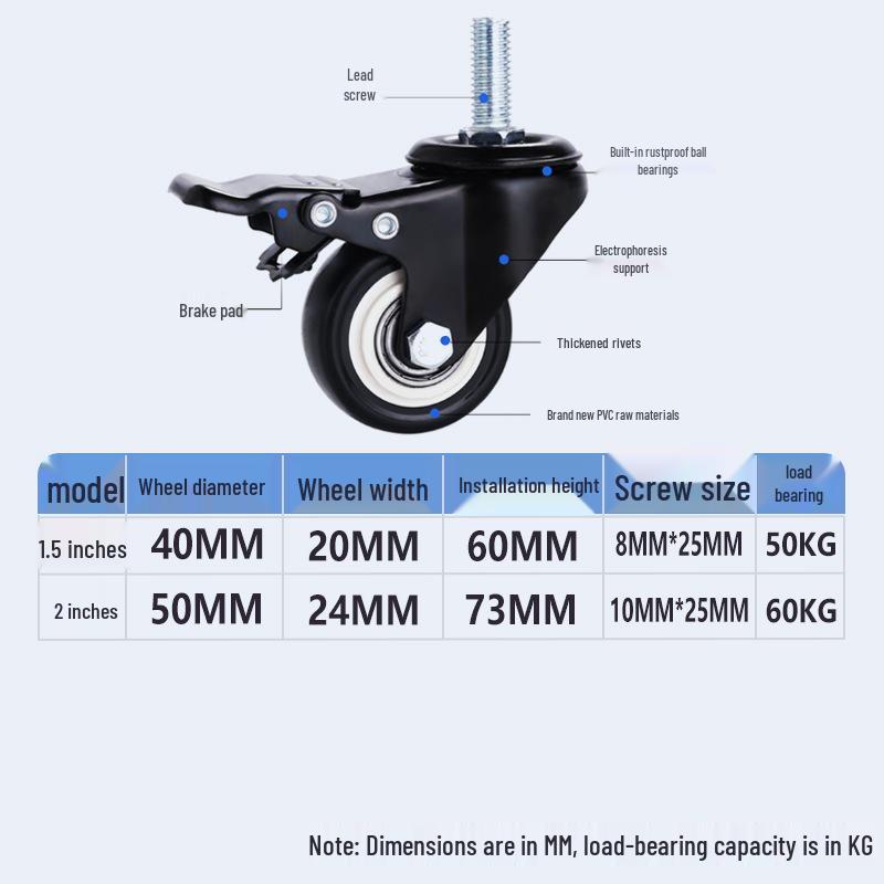 Gold Diamond Silent PVC Furniture Casters with 1.5/2 Inch Threaded Stem
