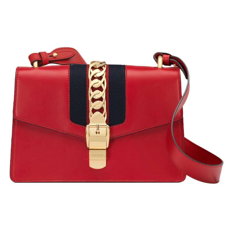 Gucci Sylvie gold buckle striped webbing grosgrain bow wide shoulder strap leather one-shoulder crossbody handbag small women's red