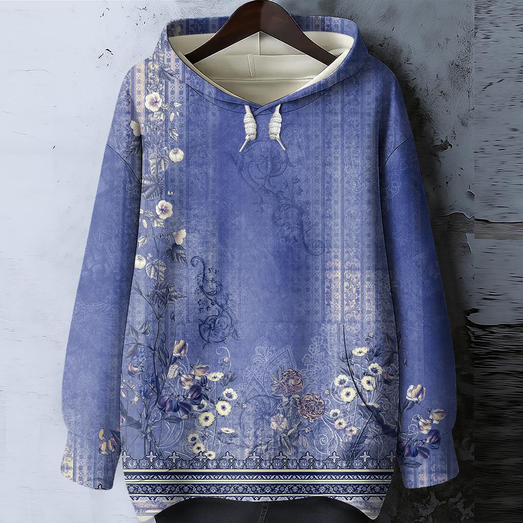 Women's Floral Print Loose Casual Long Sleeved Hooded Sweatshirt