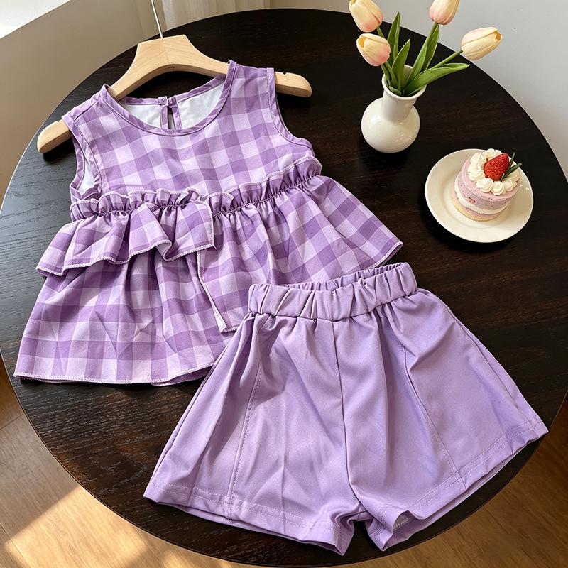 Girls Summer Plaid Sleeveless Top And Shorts Set Toddler Baby Fashionable Casual Two Piece Outfit For Weather