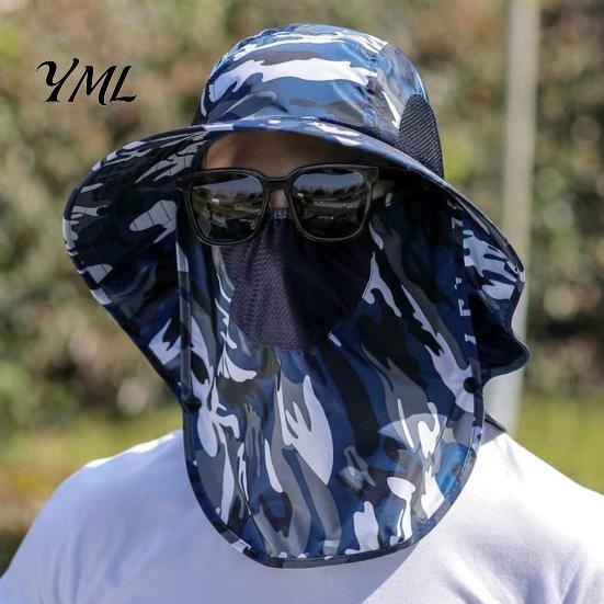 Breathable Mesh Face Mask Hat Sun Hats for Men, UV Protection Fishing with Neck Flap & Mask, Full Coverage Wide Brim Bucket Hat, Foldable Summer