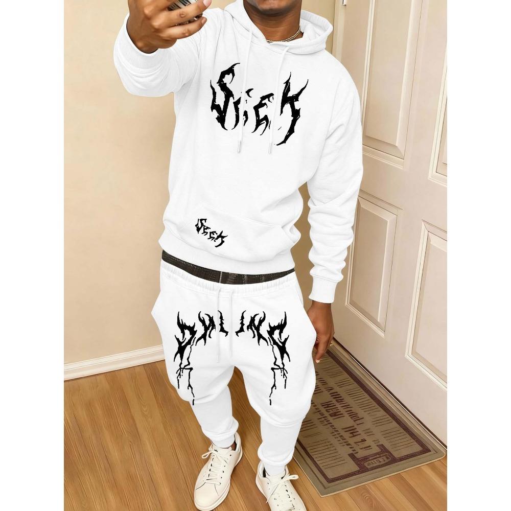 

Men S Casual Set 2Pcss Outfit with Print Drawstring Pocket Hoodie And Athletic Drawstring Pants 2Pcss Set XXL