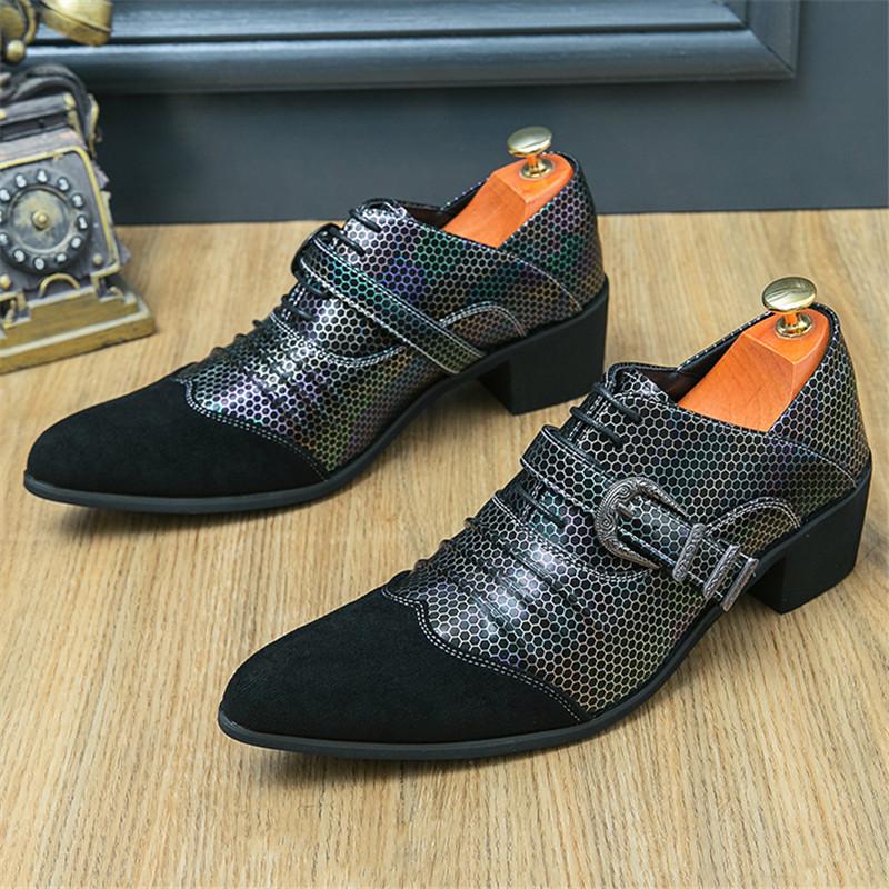 New Men's Charm Mixed Patchwork Monk Strap Pointed Height Increasing Shoes Male Dress Wedding Homecoming Footwear Zapatos Hombre
