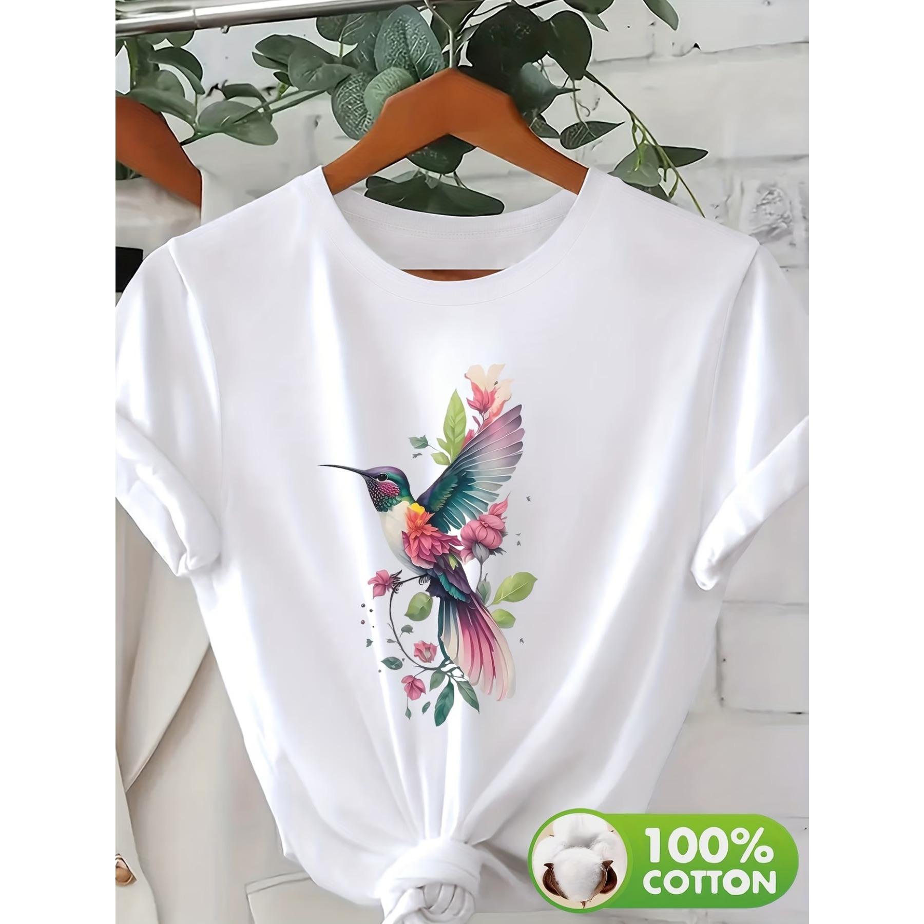 Dreamy Nature - Colorful Hummingbird and Floral Print 100% Short-Sleeve T-Shirt, Comfortable S белый