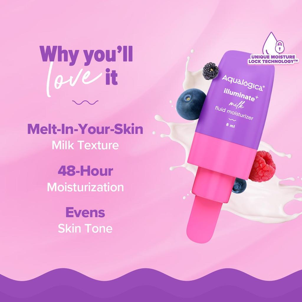 Aqualogica Illuminate + Milk Fluid Moisturizer 8ml Lightweight Hydrating Even Skin Tone Cream